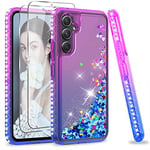 LeYi Coque pour Samsung Galaxy A54 5G avec Verre Trempé [Lot de 2], Fille Liquide Paillette Transparente Silicone Gel TPU Antichoc Kawaii Etui Housse pour Samsung A54 5G Violet Bleu