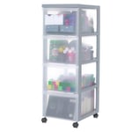 Iris Ohyama Plastic Storage Drawer Unit with Wheels, 4 Deep Drawers, Grey, Easy-Pull Handles, Supplies Organiser, For Bedroom, Bathroom, School & Office, BPA Free, Chest, Tower, DC-304