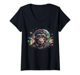 Womens Monkey DJ Space Headphones Retro Groove V-Neck T-Shirt