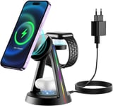 Mag-Safe Chargeur Induction 3 En 1, Station De Charge Avec Lumière Pour Iphone 16/15/14/13/12 Pro/Max/Plus/Mini, Apple Watch, Airpods 4/3/2 Pro, Chargeur Sans Fil Avec Adaptateur 18w, Noir