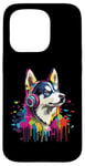 Coque pour iPhone 15 Pro Husky Lovers Pop Art portant des écouteurs drôles Husky