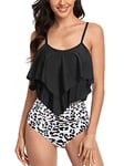 FLYILY Maillot de Bain Tankini pour Femme Haut Double à Volants Taille Haute Maillots de Bain 2 pièces Maillots de Bain(3-BlackLeopard,XL)