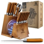 Kitchen Knife Sets with Block, Piklohas 15 Pieces Knife Sets with Magnetic Detachable Knife Holder, High Carbon Steel Damascus Pattern Chef Knife Set with Steak Knives, Ideal for House Warming Gift