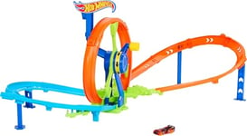 Hot Wheels Toy Car Track Set, Launch and Loop Playset & 1:64 Scale Die-Cast Vehicle, Crash Area on Figure 8 Track with Loop-Kicker Booster, JBX65