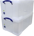 64 Litre Really Useful Plastic Storage Box with Lid, Pack of 2; Clear Stackable