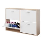 CASABEL Meuble de Rangement à Chaussure Capacité Totale 24 Paires - Double Compartiment - Armoire Etagere Grande Capacité pour Entree, Couloir - L114xP24xH80 cm - Portes Blanches Cadre Bois Clair