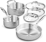 Hammered Stainless Steel Saucepan Set, Induction Hob Pan Set, 6-Piece Kitchen Cookware Set with Lids, Pots and Pans Set, Heavy Duty, Non-Toxic, PFOA/PFOS/PTFE Free, for All Stove