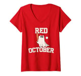 Womens Red October Halloween Ghost Playing Baseball Funny Baseball V-Neck T-Shirt