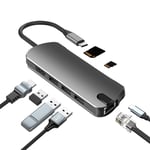 8-i-1 USB-C Hub med USB 3.0, HDMI, RJ45, SD/TF-kortplats, 100W PD-ladd