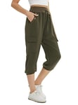 fuinloth Pantacourt Femme été Cargo Randonnée Chic Cordon Pantalon 3/4 avec Quatre Poches Vert L 40-42