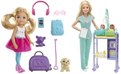 Barbie Baby Doctor Playset with Blonde Doll, 2 Infant Dolls for Ages 3 and Up, GKH23 & Chelsea Travel Doll, Blonde, with Puppy, Carrier & Accessories, 3 to 7 Year Olds, FWV20