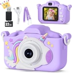 Appareil Photo Enfant 3-12 Ans,48MP Appareil Photo 1080P Vidéo HD Appareil Photo Enfant Rechargeable Caméscope,Cadeau Jouet Filles Garçons 3 4 5 6 7 8 9 10 Ans,32G SD Carte et Licorne Étui Silicone