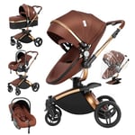 3 en 1 Poussette Combinée Landau Poussette Canne Poussette Citadine Poussette Système de Voyage pour Bébé Poussette Paysage Haute pour Bébé Inclinable Pliable Poussette Standard (906 Brown)