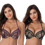 Curve Muse aux Femmes Grande Taille Ajouter 1 Tasse Push up À Armatures Licou Devant Fermer Soutien-Gorge-Paquet de 2-Noir,du Vin-85F