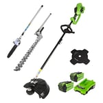 Greenworks Cordless Lawn Trimmer 40V 40cm, 25cm Brush Cutter Blade, Pole Hedge Trimmer and Chainsaw Attachment, incl. 2 Battery 2Ah & Charger