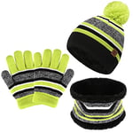 Enfants Hiver Bonnet Chaud Tricot Chapeau Echarpe Gants Ensemble pour Garcon Fille 2-7 Ans avec Doublure Polaire Pompon