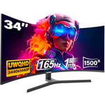 34 Inch Curved Gaming Monitor, Ultrawide 1500R PC Screen, 165Hz / 144Hz Computer Monitor Height Adjustable with FreeSync, Support HDMI, DP, Wallmount 75x75mm