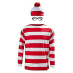 Röd och vit randig cosplay-dräkt för vuxna - Var är Waldo nu T-shirt, tröja, hatt och glasögon Long sleeve M