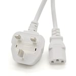TRD UK White Kettle Lead Power Cable 2M & 3M 3 pin mains White Power Lead/Power Cord for TV, pc, monitor, plug, cord, printers (2M)