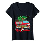 Womens Fireman Fire Truck Xmas Tree Lighting Firefighter Christmas V-Neck T-Shirt