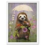 Picking Flowers in the Rain Oil Painting Cute Sloth with an Umbrella in a Wildflower Meadow Kids Bedroom Artwork Framed Wall Art Print A4