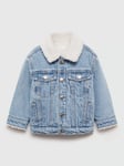 Mango Kids' Sopelana Faux Fur Contrast Collar Lined Denim Jacket, Blue