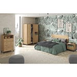 Ensemble chambre à coucher complète adulte coloris chêne doré ( armoire + commode rangement + 2 chevets + Tête de lit ) Pegane