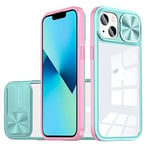 Dqtaoply for iPhone 14 Case, Camera Cover Heavy Duty Shockproof Protective Military Grade Slide Slim Phone Case Compatible with iPhone 14 - Green+Pink