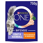 Purina ONE Adult Dry Cat Food Coat & Hairball, Rich in Chicken 750g, Pack of 4