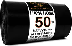 Haya Home 50L 50 Bin Bags Heavy Duty Bin Liners, Black Plastic Refuse Sacks Bags