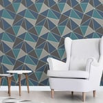 APEX GEOMETRIC WALLPAPER AQUA NAVY BLUE - FINE DECOR FD42001 SILVER