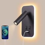 LED-vägglampa med strömbrytare läslampa USB-laddningsport justerbar spotlight 3w+9w