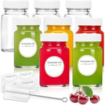 8pcs 2oz Glass Juice Bottles with Lids and Labels, Reusable Small Clear Jar for Juice, Ginger, Wellness Shot, Sample, Travel Portable Mini Bottles with Wide Mouth, Leakproof, Dishwasher Safe