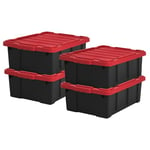 Iris Ohyama, Caisse Rangement avec Couvercle Robuste, 43L, Lot de 4, Rouge, Compact, Durable, Empilable, pour Garage, Etagères, Déménagement, Plastique, Boite a Outils, Bac de Rangement, DDSKT-430