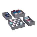 Relaxdays Underwear Set, 4-Piece Wardrobe Organisation, Drawer Dividers for Socks, Bras and Ties, Dark Grey, Fleece, 9 x 32 x 32 cm