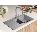 Primagran - Evier Cuisine 90 x 50 cm, Evier en Granit 1,5 bac + Kit de Vidage, Evier a Encastrer de Gris - gray