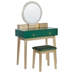 Coiffeuse avec Tabouret et Miroir en Bois et MDF Polyester Vert et Doré Fedry