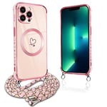 Pnakqil Coque Magnétique pour iPhone 13 Pro Max Con Cordon, Compatible avec MagSafe, Silicone Housse avec Motif Coeur d'amour Réglable Collier Lanyard, Antichoc Etui pour iPhone 13Pro Max 6.7", Rose