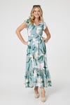 Izabel London Womens Green Lilly Print Lace Trim Maxi Dress - Size 14 UK