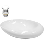 Lavabo en Céramique, 585 x 375 x 145 mm, Blanc, avec Garniture de Vidage 1 1/4, pour Lavabo sans Trop-Plein, Vasque à Poser, Évier Moderne,