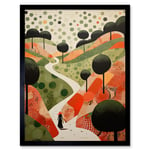 Walk on the Countryside Hill Path Folk Art Oil Painting Red Orange Green Abstract Landscape Artwork Art Print Framed Poster Wall Decor 12x16 inch