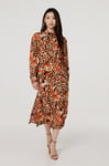 Izabel London Womens Orange Floral Long Sleeve Midi Shirt Dress - Size 18 UK