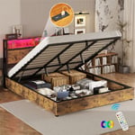 Lit coffre 180x200 cm, avec éclairage led, hydraulique de rangement, usb fonction de charge, sommier à lattes, cadre en métal, lit adulte - Marron