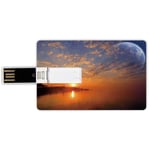 4G USB Flash Drives Credit Card Shape Space Decor Memory Stick Bank Card Style Exquisite Skyline with Planet Reflection and Sunrise on Backdrop Galaxy Design,Orange Blue Waterproof Pen Thumb Lovely J