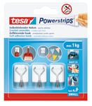 tesa Powerstrips Crochet Adhésif Mural Small - Crochets Autocollants avec Fil Amovible - Crochets Muraux pour Salle de Bain ou Cuisine - Montage sans Perçage - Blanc - 3 x Crochets, 4 x Powerstrips