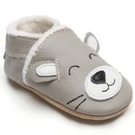 IceUnicorn Chausson Cuir Bébé Hiver Chausson Bebe Fourré Peluche Chaude Chausson Cuir Souple Bébé Fille Garçon Pantoufles Bebe(Chat Gris P, 18-24 mois)