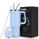 Livole 40oz Tumbler with Handle, 1200ml Leakproof Vacuum Travel Mug for Cold Hot Drink, Insulated Coffee Cup with Straw and Lid, Stainless Steel Water Bottle for Travel, Camping, Sports, Light Blue