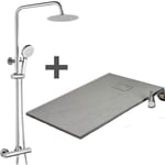 Pack Receveur de douche 90 x 90 cm extra plat gris + Colonne de douche thermostatique chromée