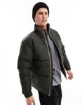 Only & Sons Mens heavyweight boxy cropped puffer jacket in dark khaki-Green - Size Medium