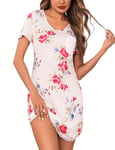 Demegimi Chemise de Nuit Cotton Vêtements de Nuit en Dentelle Robe de Nuit à Manches Courtes Grande Taille Sensuelle Large Robe de Nuit Col en Rond(Blanc-Fleurs,M)